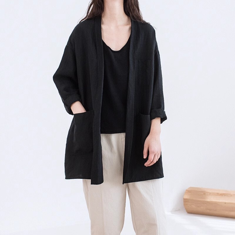 2026 Early Autumn Imported High-Density Linen Fabric Black Simple and Elegant Open-Front Loose Casual Blazer Loose Jacket 2026 Early Autumn Imported High-Density Linen Fabric Black Simple and Elegant Open-Front Loose Casual Blazer Loose Jacket