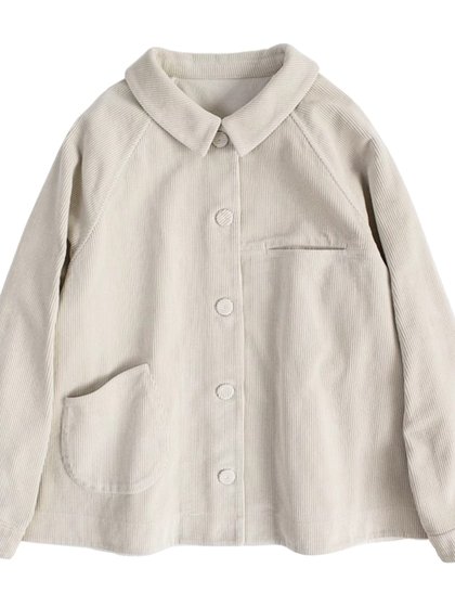 2025春装新款文艺全棉小西装灯芯绒面料翻领开襟米白长袖厚外套女