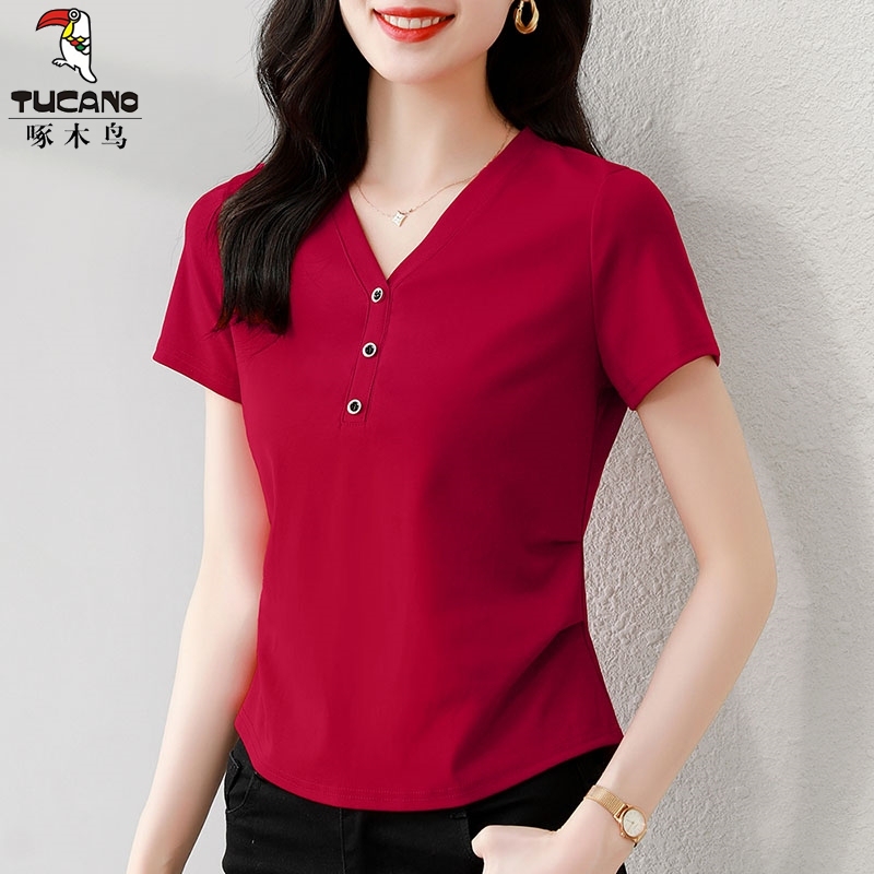 Clearance Sale: Woodpecker Brand Plus-Size Pure Cotton Summer Simple Versatile V-Neck Button Short-Sleeve Fashionable Slimming T-Shirt