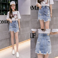 Váy nữ mùa hè 2019 mới váy denim không đều váy lỗ một từ váy ngắn eo cao nguyên túi thô váy hông - Váy chân váy dạ ngắn