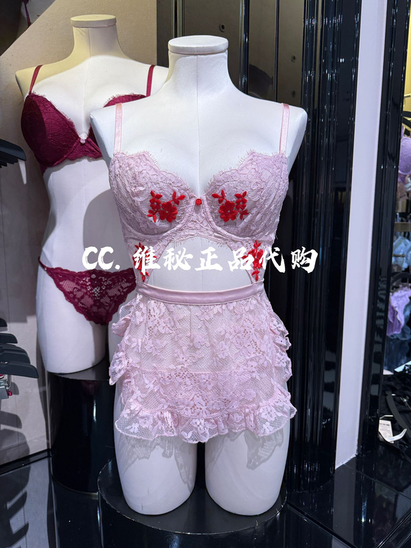 Victoria's Secret New Rose Flower Maid Sexy Lace Embroidery See-Through Sexy Suspender Pajama Set