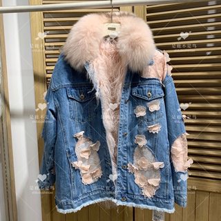 ins petal denim fur lining jacket