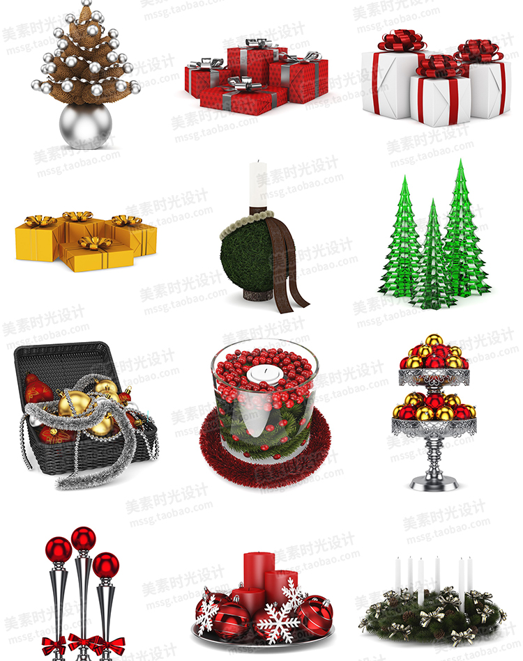 【圣诞装饰模型】30个圣诞节日装饰圣诞树花环礼品盒C4D模型