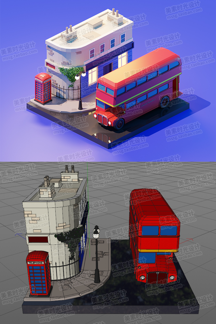 图片[3]-低面卡通双层巴士街边楼房场景C4D Blender模型FBX OBJ素材C1561-cg男孩