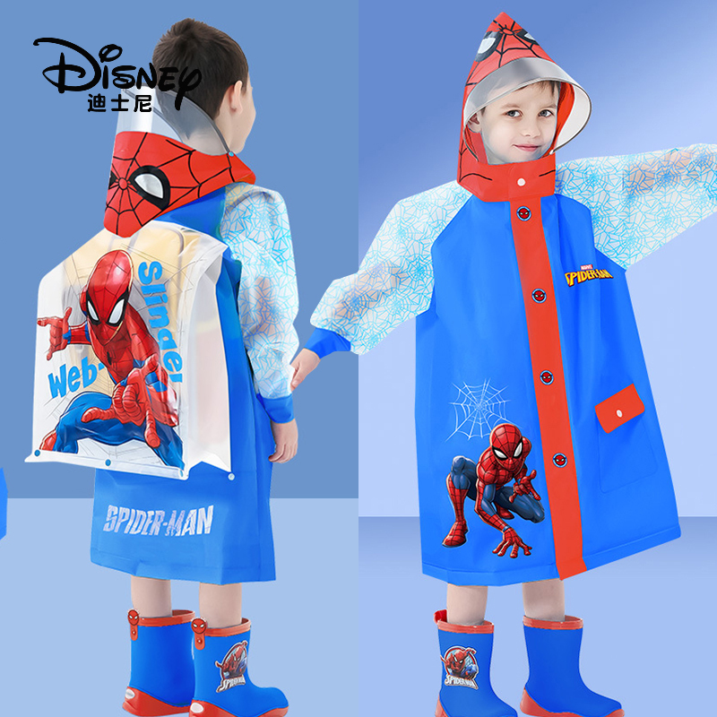 Disney Children's Raincoat for Boys, Zipper, Lightweight, Extra Large, Suitable for School Bags, Elementary School Students, Kindergarten, Spider-Man