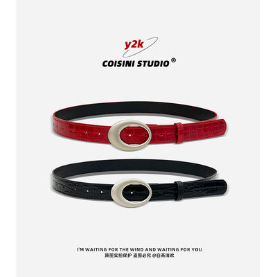 American retro y2k belt for women, 2025 new style, red crocodile-patterned leather belt, simple yet high-end accessory trend