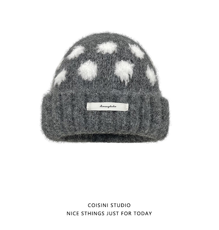 Koreanische Retro-Strickmützen mit Kontrastfarbenen Polka Dots für Männer und Frauen, Winter, dick, warm, Ohrenschutz, Slouchy Skullies Mütze – Detail 7