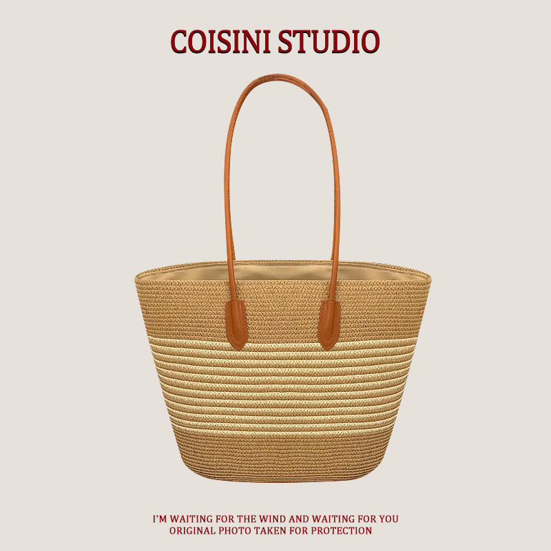 Hand-Woven Large Capacity Straw Tote Bag For Women, Sun Protection Straw Hat Set, Casual Fashion Versatile Shoulder Bag - Thumbnail 3