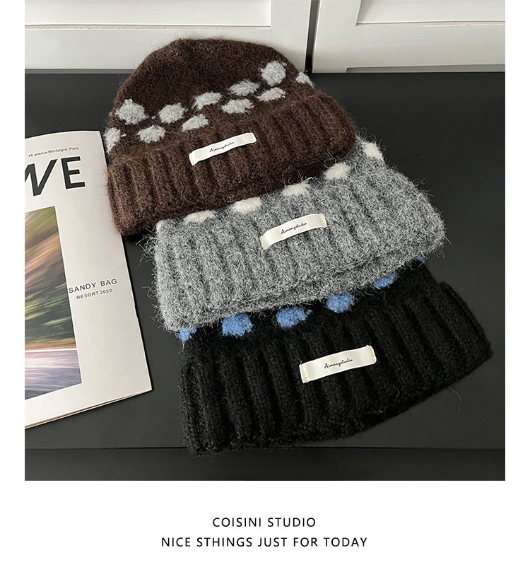 Koreanische Retro-Strickmützen mit Kontrastfarbenen Polka Dots für Männer und Frauen, Winter, dick, warm, Ohrenschutz, Slouchy Skullies Mütze – Detail 13