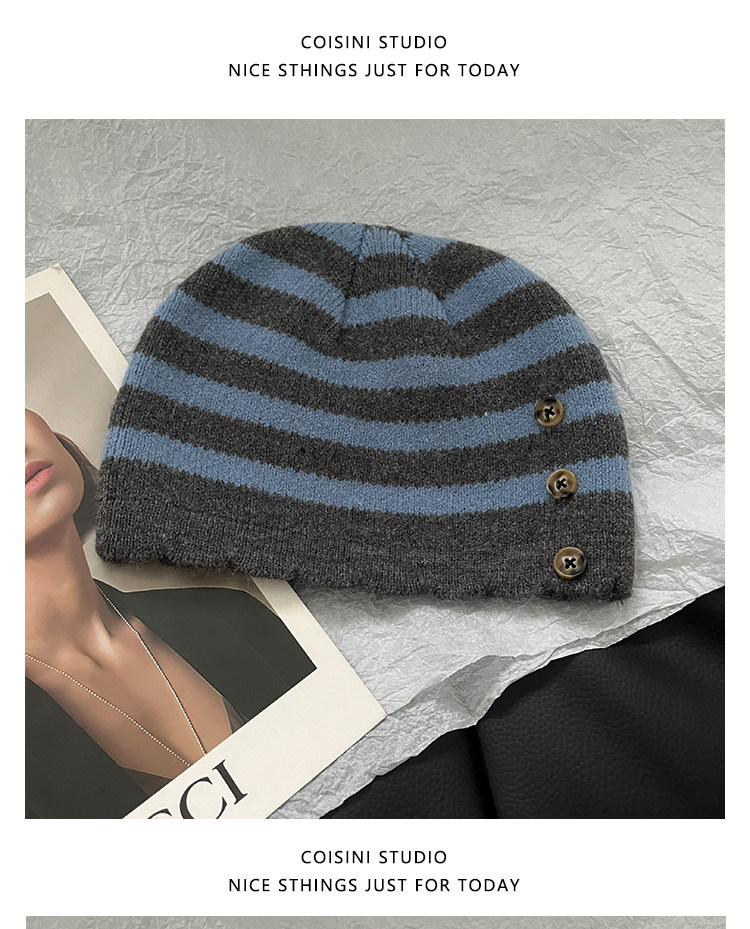 Retro Color-Block Gestreifte Strickmützen mit Knopfverzierung Unisex Damen Herren Winter Warme Streetwear Lässige Slouchy Skullies Mütze – Detail 8