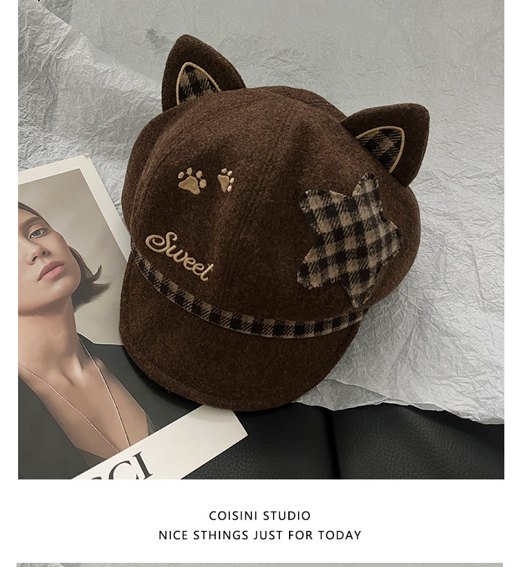 Neue Niedliche Karierte Katzenohren-Baskenmütze für Damen, Herbst- und Winter-Wollmütze, Vielseitige Gesichtsverjüngende Mode-Kopfbedeckung – Detail 12