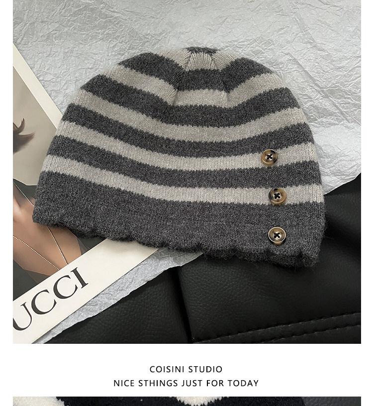 Retro Color-Block Gestreifte Strickmützen mit Knopfverzierung Unisex Damen Herren Winter Warme Streetwear Lässige Slouchy Skullies Mütze – Detail 12