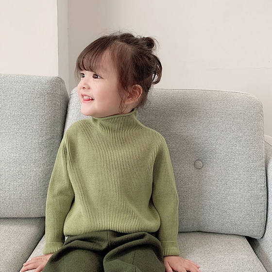 Girls 2023 autumn and winter clothes plus velvet half turtleneck sweater baby solid color all-match loose knitted sweater children's bottoming shirt