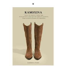 Западные Boots 【卡莫西娜】复古尖头西部牛仔靴长靴子春秋款v口粗跟骑士高筒靴