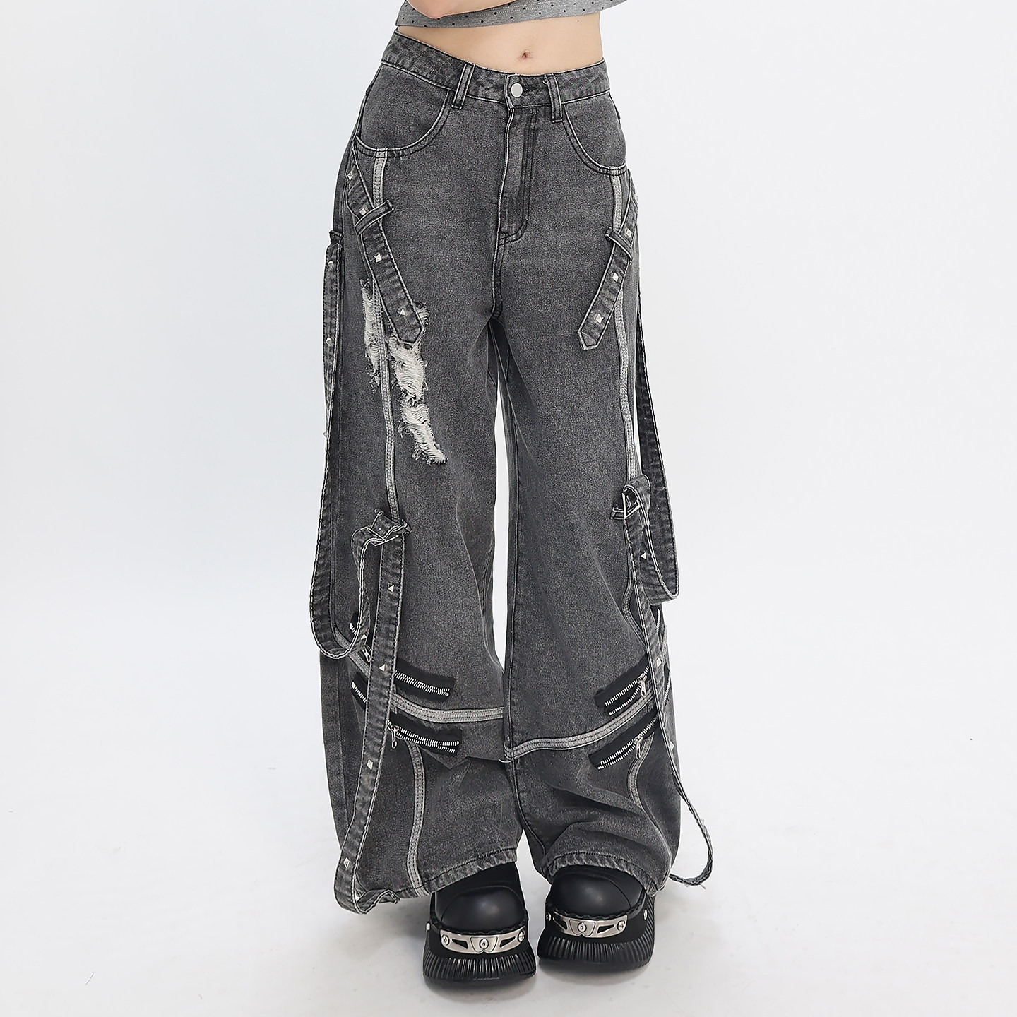 Cat's Wish Original [Obsidian Contract] Punk Retro Ribbon Denim Pants, Distressed Lace-up Heavy-duty Wide-Leg Pants for Women