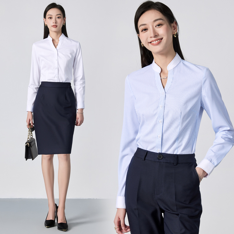 Mercedes-Benz 4S Store Elegant Stand-Up Collar Work Clothes Stripesd Shirt Ol White-Collar Professional Wear No-Iron Long-Sleeved V Neck Shirt for Women