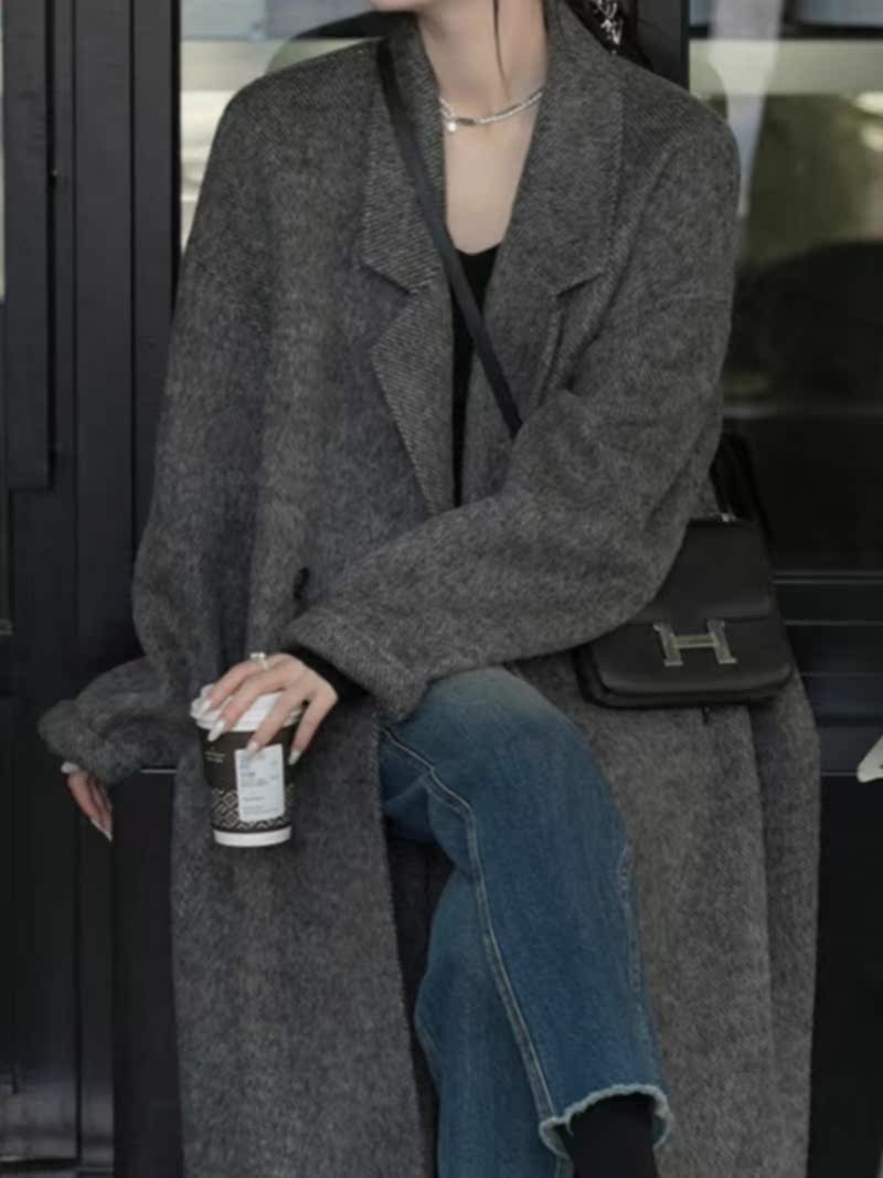 Grey Bifacial Cashmere Big Coat Woman Mid 2023 Autumn Winter Korean version lenient High feeling little Fur Coats-Taobao