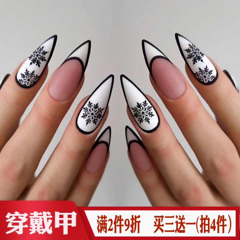 Christmas Snowflake Fake Nail Tips Black and White French Almond Pointed Finished Nails Cross-Border European and American Style Wearable Nail Stickers