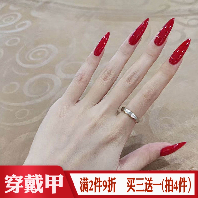 Extended Pointed Bright Red European and American Style Cosplay Dance Art Photo Fake Nail Tips Finished Product Hot Girl Wearable Nail Stickers