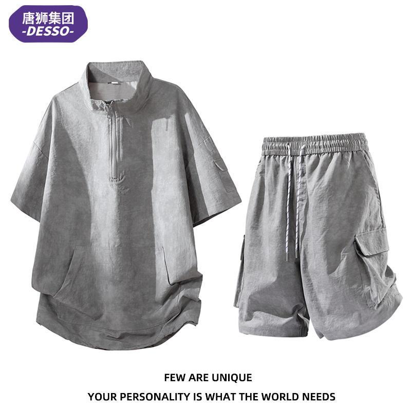 Tangshi Group Desso Official Half-Zip Tie-Dye Short-Sleeved T-Shirt Men's Summer Casual Loose Stand-Up Collar Two-Piece Set