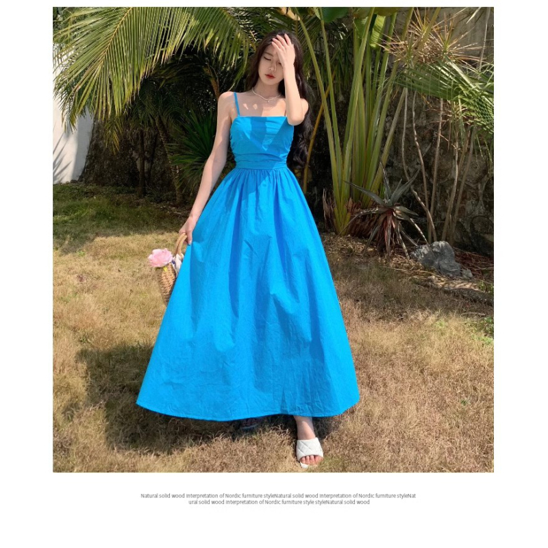Gentle and Elegant Sky Blue Strapless Dress for Women, Summer Seaside Vacation Waist-Cinching A-Line Beach Dress, Long Dress
