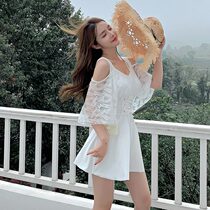 Swimwear women 2021 new one-piece dress fairy fan Conservative belly thin sexy large size Korean ins swimsuit