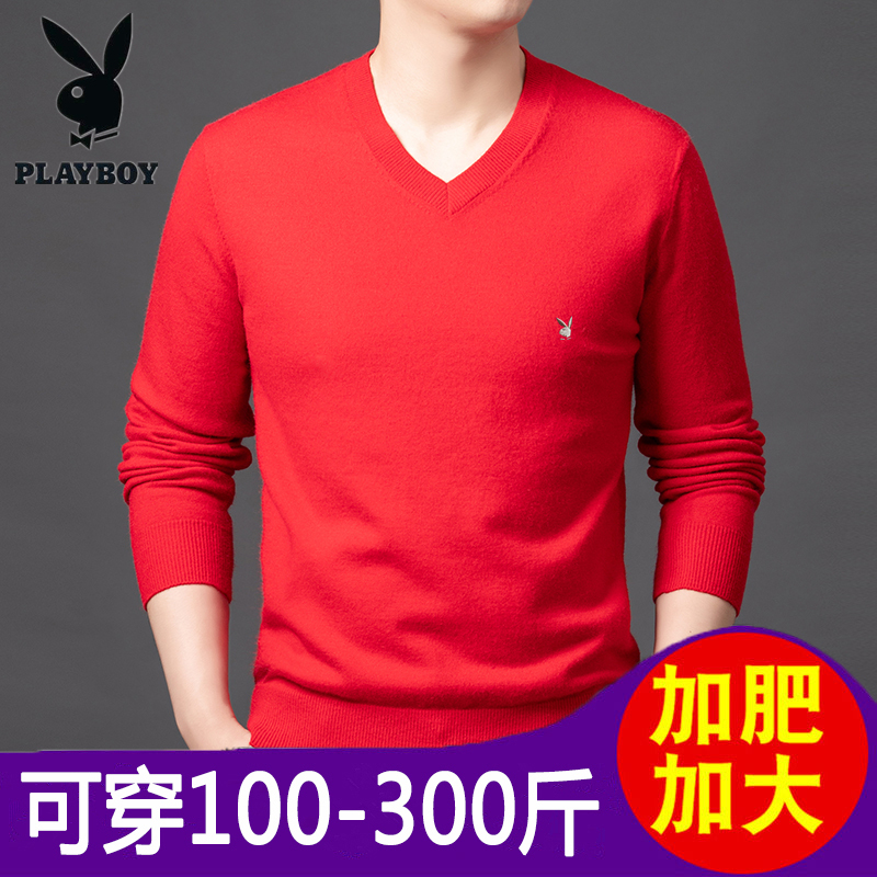 Playboy Plus Size Men's Long Sleeve Wool Sweater V-Neck Zodiac Year Big Red Fat Guy 105kg Sweater Playboy Plus Size Men's Long Sleeve Wool Sweater V-Neck Zodiac Year Big Red Fat Guy 105kg Sweater