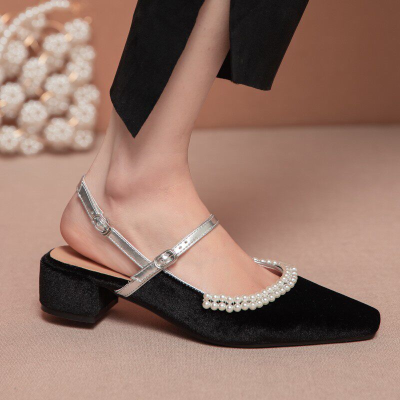 Thick heel toe sandals female fairy wind Hepburn Mary Jane shoes pearl medium heel French small high heels small CK women's shoes