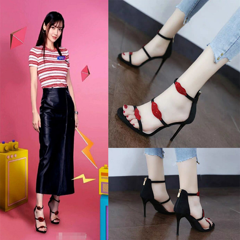 Lips high heels female fairy spirit fairy style student eighteen-year-old small alternative car model printing stiletto sandals