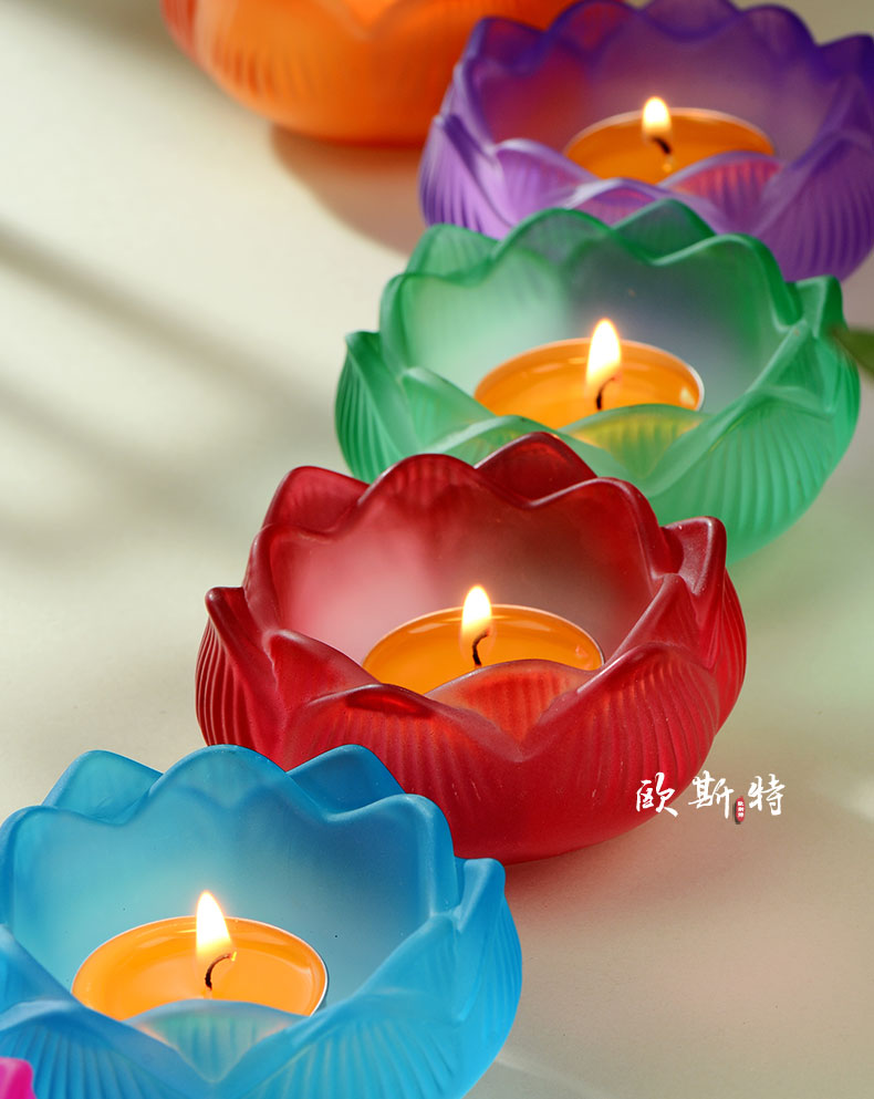 酥油燈座蓮花燈七彩琉璃酥油燭臺4/8小時家用長明燈酥油燈底座|燭台