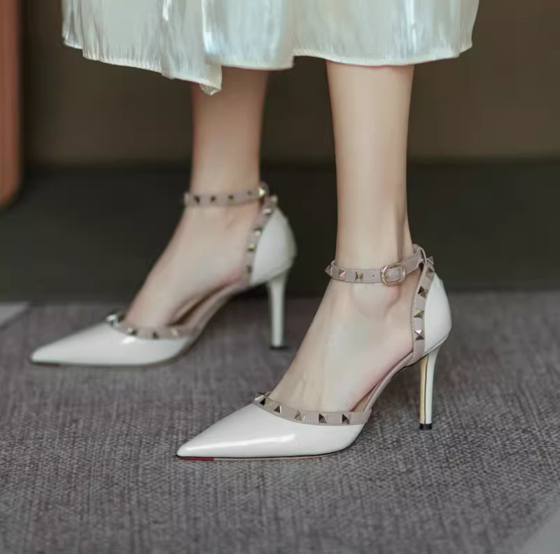 Hong Kong Women's Shoes Celebrity Style Rivet Strap Buckle High Heels Pointed Toe Stiletto Shoes Genuine Leather Sandals for Women