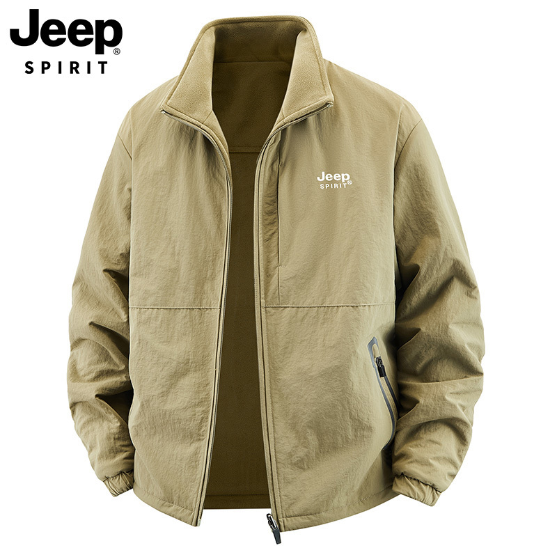Jeep Outdoor Reversible Jacket for Men, Autumn and Winter, Fleece-Lined, Thickened, Loose-Fitting, Casual Stand-Up Collar, Fleece Cardigan Jacket