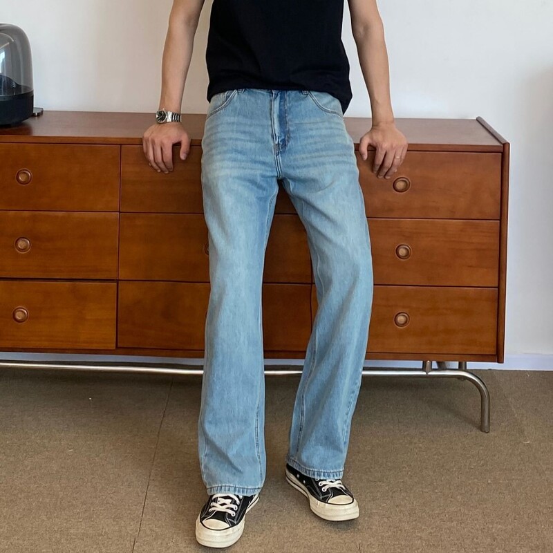 Spring and Summer American Retro Light Blue Straight-Leg Jeans for Men, Loose Washed Lyocell Versatile Cleanfit Long Pants