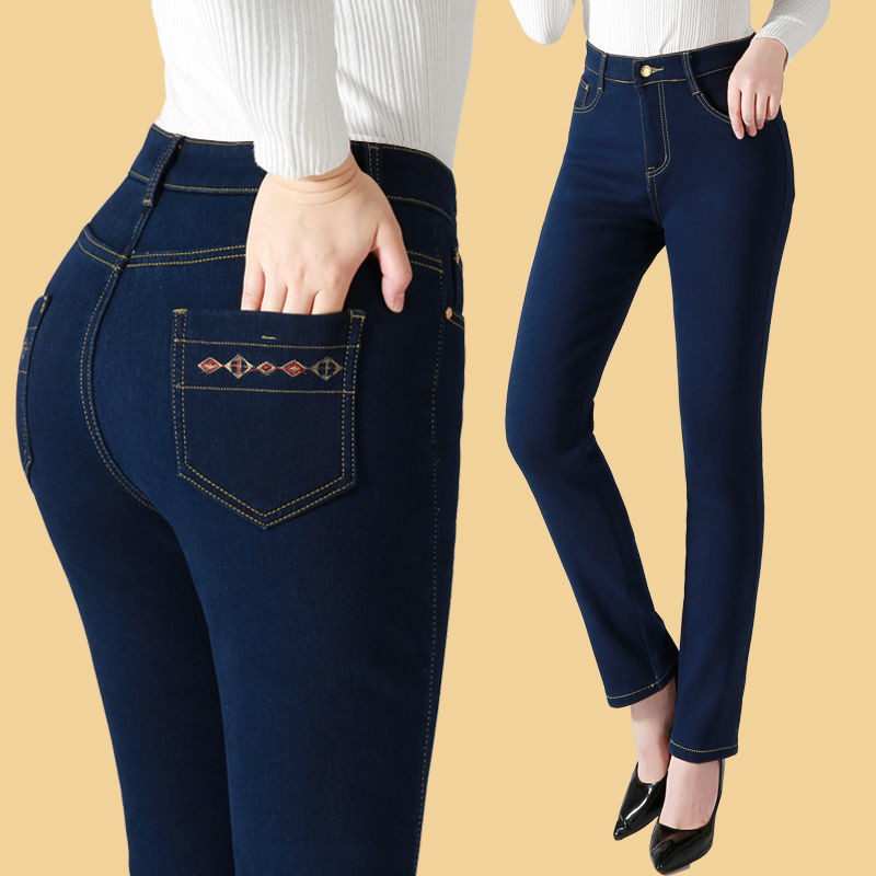 High-Waisted Stretchy Women's Straight-Leg Mom Jeans for Middle-Aged Women, Spring and Autumn Plus-Size Slim-Fit Pants
