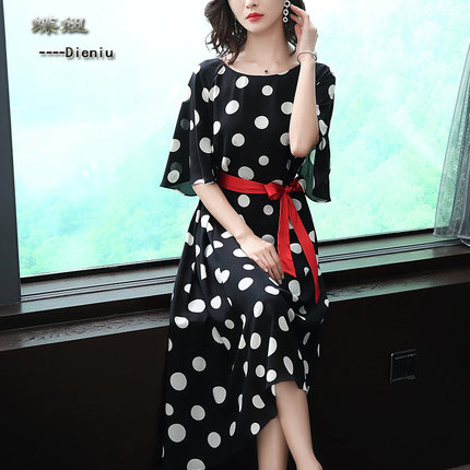 蝶妞重磅波点真丝连衣裙女夏2018新款桑蚕丝