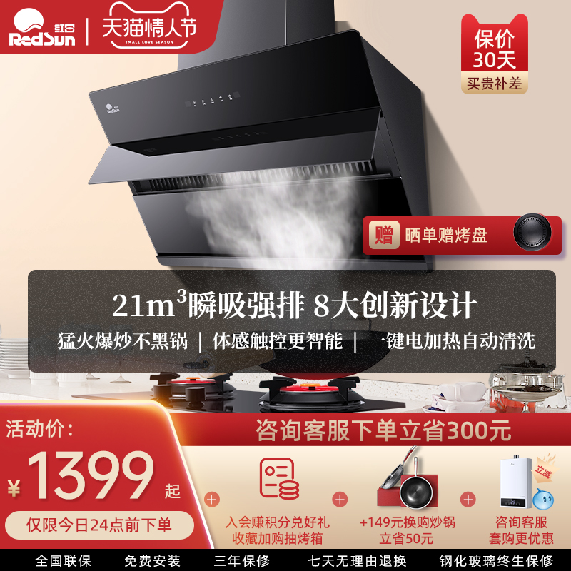 Red Sun JED13H+ES218B Range Hood Gas Stove Household Gas Cooker Kitchen Smoke Stove Combination Set