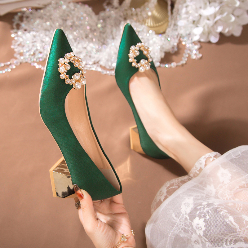 Wedding Shoes for Women, Chunky Heel, 2026 Spring New Style, Pearl Xiuhe Wedding Dress, Two-Way Wear, Green Pointed Toe High Heels, Bridal Shoes