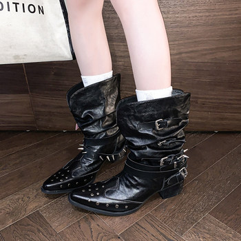 Black Pleated Western Cowboy Short Boots for Women 2025 New Spring and Autumn Single Boots V-Cut Studded Pointed Toe Chunky Heel Martin Boots