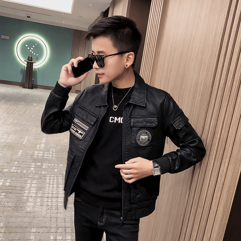 Pilot's leather jacket man plus thicken Han edition trend locomotive soft leather jacket spirit lad Mao collar winter coat