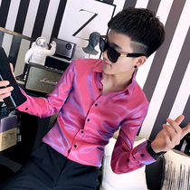 ins Hipster nightclub hair stylist shirt mens long-sleeved slim fit ruffian handsome mens clothes Shiny reflective shirt