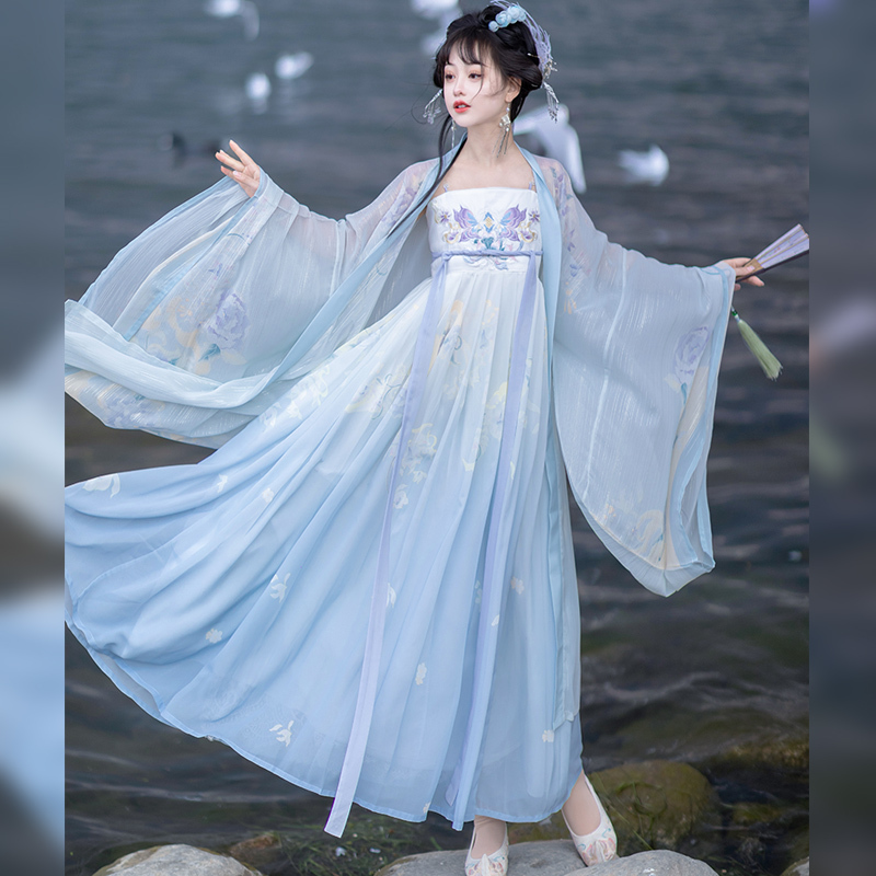 Original Hanfu for Women [Dream Lotus] Chinese Style Chest-Length Skirt, Ancient Style, Super Fairy-Like, Han Elements, Blue Suit for Summer