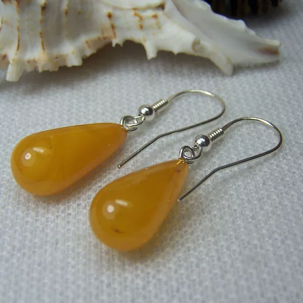 Organic amber earrings wax agate drop-shaped, silver 925 sample