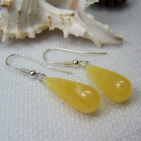 Organic amber earrings wax agate drop-shaped, silver 925 sample