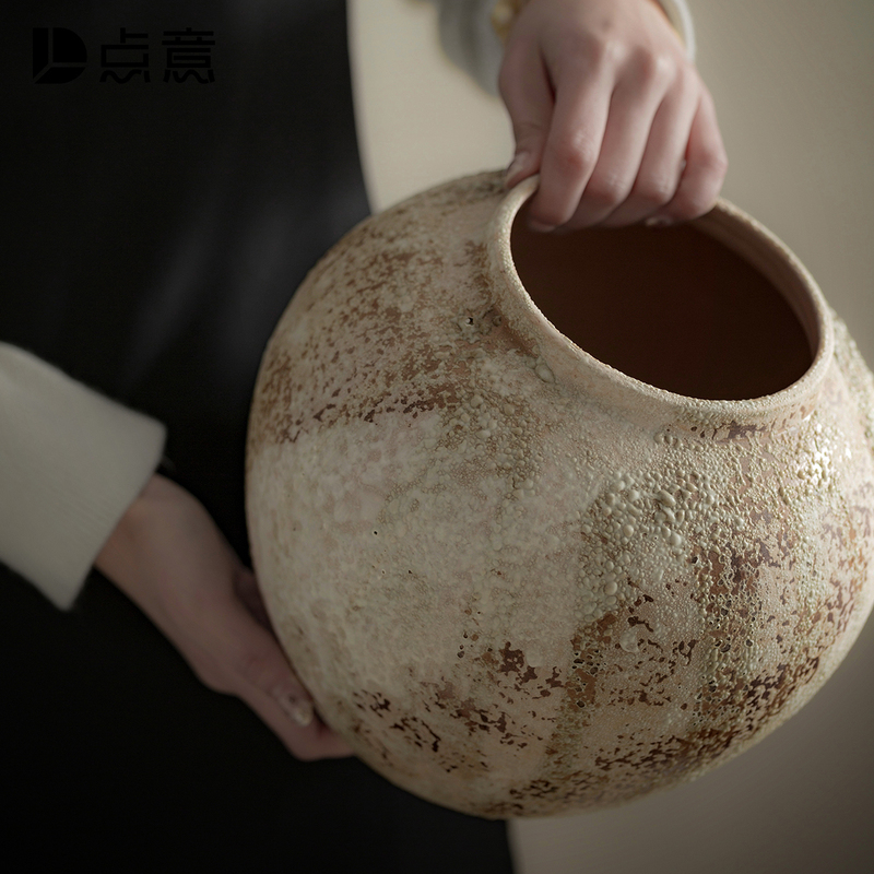 Vintage Large Belly Vase, Chinese Style, High-End Antique Ceramic, Rustic Pottery Ornament, Wabi-Sabi Style Clay Pot, Flower Arrangement, Snow Willow Flower Pot