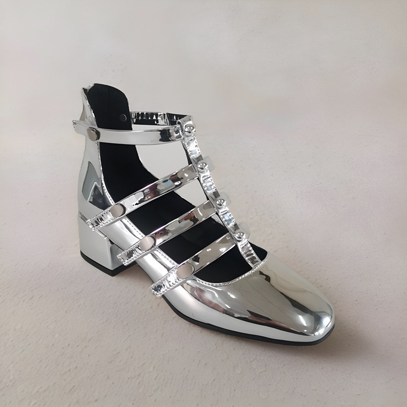 Gold and Silver Patent Leather Hollow-Out Mary Jane Chunky Heel Sexy High-Top Shoes Stage Performance Model Runway Shoes Small Size