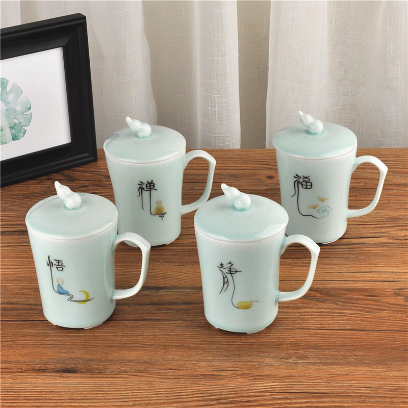 Jingdezhen ceramic cup office cup and cup boss celadon water in a cup with cover the tea cups