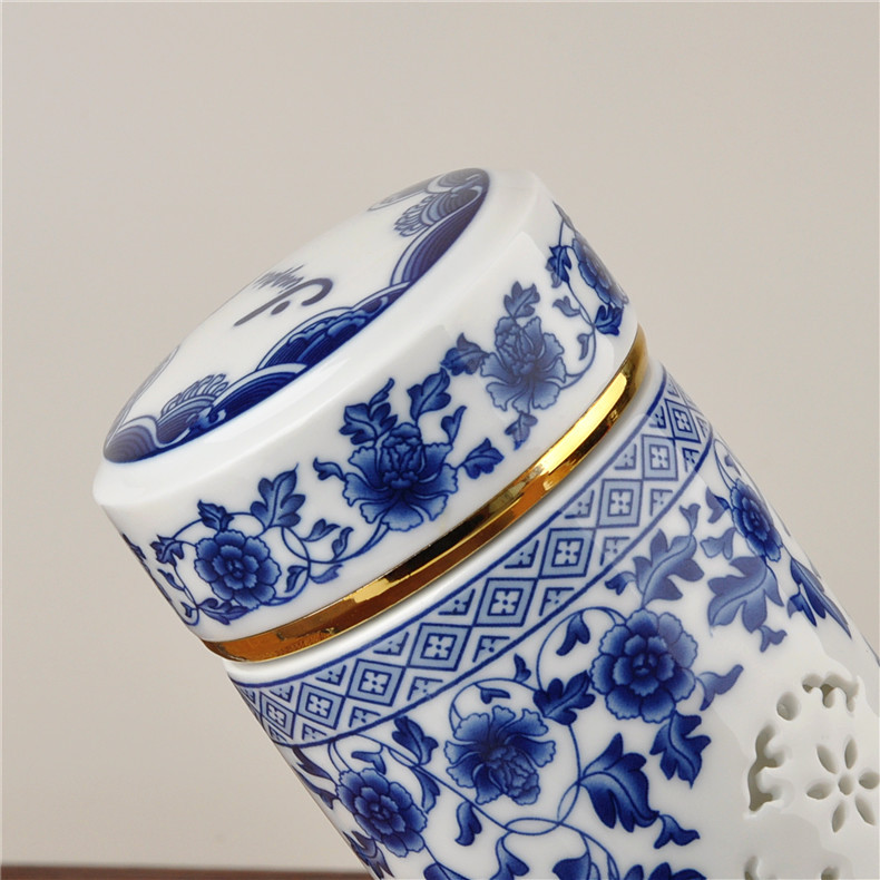 Jingdezhen blue and white powder enamel double hollow glass ceramic cups all porcelain cup, office cup cup with a gift