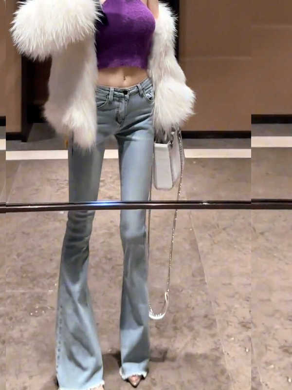 Flared Jeans for Women, Korean Style, Hip-Enhancing, Slimming, Light-Colored, Frayed Hem, Tall, Extended Length, Floor-Length, Low-Waisted Bell-Bottom Pants