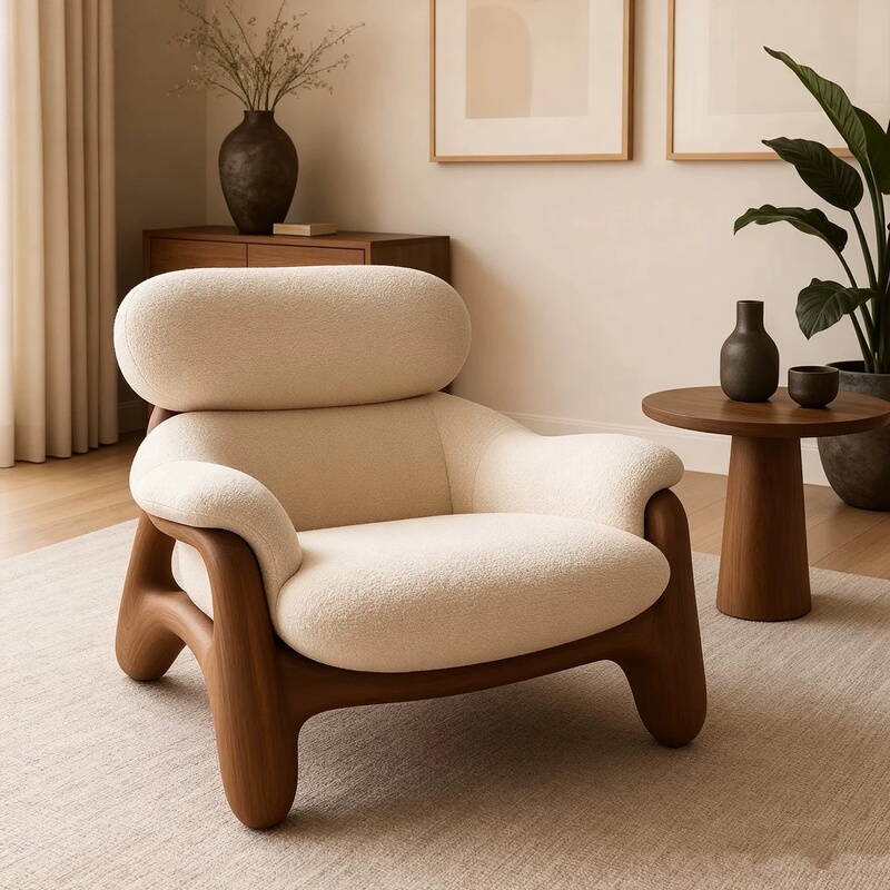 New Chinese-Style Solid Wood Single Sofa Chair, North American Black Walnut Wood, Mid-Century Style Living Room Balcony Lazy Lounge Chair Furniture