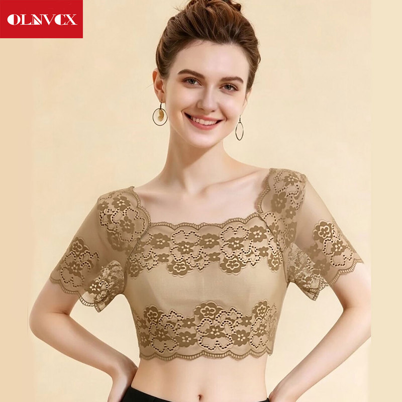 Square-Neck Lace See-Through Half-Sheer Mesh Base Shirt for Women, Short-Sleeve T-Shirt, Inner Layer, Transparent Tight-Fitting Sheer Short Top